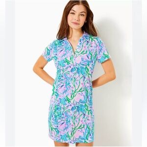 Lilly Pulitzer Dune UPF 50+ Short Sleeve Dress Multi Seacret Escape NWT L